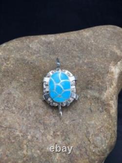 Blue Turquoise Zuni Sterling Silver Turtle Pin Pendant 2805