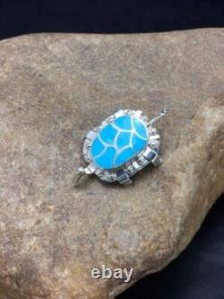 Blue Turquoise Zuni Sterling Silver Turtle Pin Pendant 2805