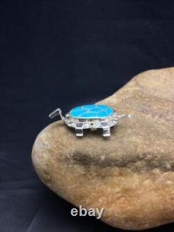 Blue Turquoise Zuni Sterling Silver Turtle Pin Pendant 2805