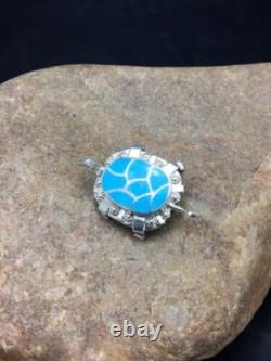 Blue Turquoise Zuni Sterling Silver Turtle Pin Pendant 2805