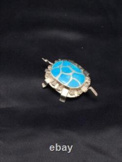 Blue Turquoise Zuni Sterling Silver Turtle Pin Pendant 2805