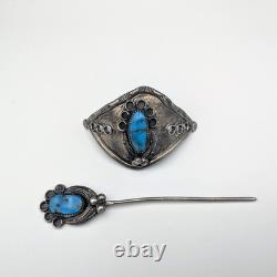 Broken Arrow Signed Sterling Silver Native American Hair Pin With Cover Turquoise