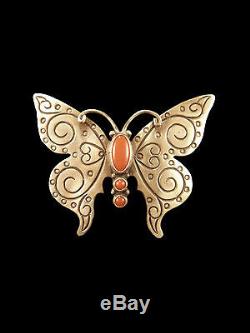 Brushed Sterling Silver and Coral Butterfly Pin Navajo Handmade