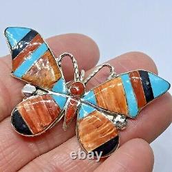 Butterfly Zuni Inlay Pendant Turquoise 2.25in Multi Stone Sterling Pin VTG