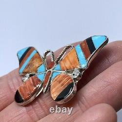 Butterfly Zuni Inlay Pendant Turquoise 2.25in Multi Stone Sterling Pin VTG