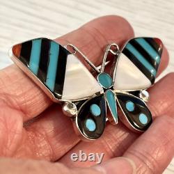 Butterfly Zuni Inlay Pendant Turquoise 2.5in Sterling Big Signed Bug Brooch