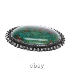 C1950 Navajo Green turquoise pin sterling silver beaded rim