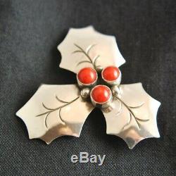 CHRISTMAS HOLLY RED BERRIES PIN, Sterling Silver Brooch, Navajo Bryant Martinez