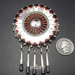 COLOSSAL Signed Vintage ZUNI Sterling Silver & CORAL Inlay PIN/PENDANT Tzuni