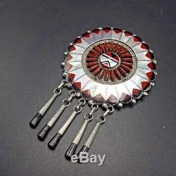 COLOSSAL Signed Vintage ZUNI Sterling Silver & CORAL Inlay PIN/PENDANT Tzuni
