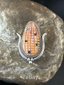 CORN INLAY Orange Spiny Turquoise Coral Zuni Sterling Silver Pin Pendant 17851