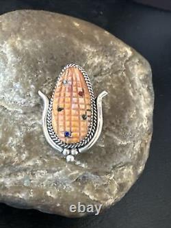 CORN INLAY Orange Spiny Turquoise Coral Zuni Sterling Silver Pin Pendant 17851