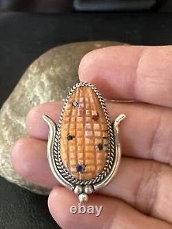 CORN INLAY Orange Spiny Turquoise Coral Zuni Sterling Silver Pin Pendant 17851