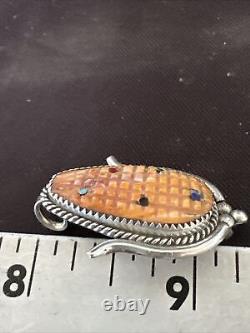 CORN INLAY Orange Spiny Turquoise Coral Zuni Sterling Silver Pin Pendant 17851