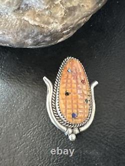 CORN INLAY Orange Spiny Turquoise Coral Zuni Sterling Silver Pin Pendant 17851