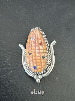 CORN INLAY Orange Spiny Turquoise Coral Zuni Sterling Silver Pin Pendant 17851