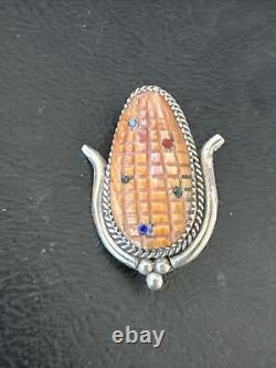 CORN INLAY Orange Spiny Turquoise Coral Zuni Sterling Silver Pin Pendant 17851