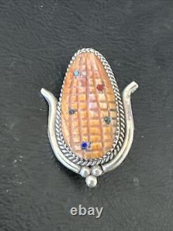 CORN INLAY Orange Spiny Turquoise Coral Zuni Sterling Silver Pin Pendant 17851