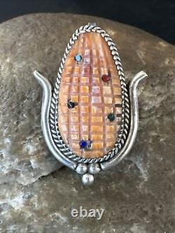 CORN INLAY Orange Spiny Turquoise Coral Zuni Sterling Silver Pin Pendant 17851