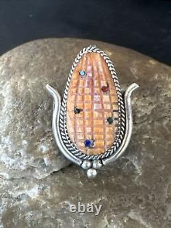 CORN INLAY Orange Spiny Turquoise Coral Zuni Sterling Silver Pin Pendant 17851