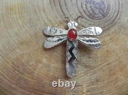 Carnelian & Stamped Sterling Silver DRAGONFLY Pin/Brooch Navajo