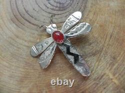 Carnelian & Stamped Sterling Silver DRAGONFLY Pin/Brooch Navajo