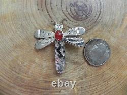 Carnelian & Stamped Sterling Silver DRAGONFLY Pin/Brooch Navajo