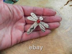 Carnelian & Stamped Sterling Silver DRAGONFLY Pin/Brooch Navajo
