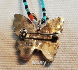 Carved Butterfly Zuni Inlay pin Pendant Turquoise Pinto Sterling heishi necklace