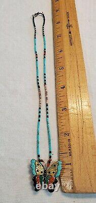 Carved Butterfly Zuni Inlay pin Pendant Turquoise Pinto Sterling heishi necklace