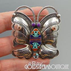 Chester Benally Navajo 925 Silver Gemstone Mosaic Inlay Butterfly Pin Pendant