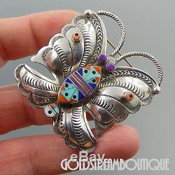 Chester Benally Navajo 925 Silver Gemstone Mosaic Inlay Butterfly Pin Pendant