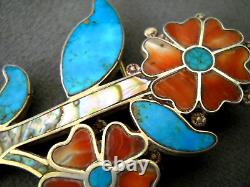 Colorful Native American Multi-Stone Flowers Inlay Sterling Silver Brooch Pin