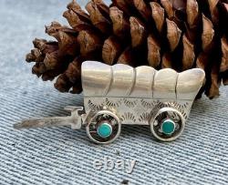 Conestoga Wagon Native American Stamped Brooch Pin Sterling Silver Turquoise