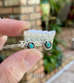 Conestoga Wagon Native American Stamped Brooch Pin Sterling Silver Turquoise