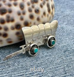Conestoga Wagon Native American Stamped Brooch Pin Sterling Silver Turquoise