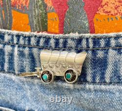 Conestoga Wagon Native American Stamped Brooch Pin Sterling Silver Turquoise