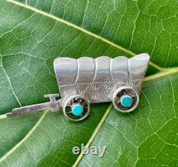 Conestoga Wagon Native American Stamped Brooch Pin Sterling Silver Turquoise