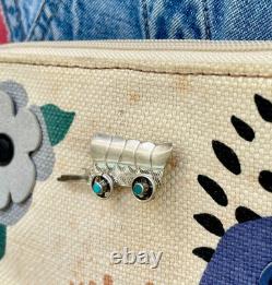 Conestoga Wagon Native American Stamped Brooch Pin Sterling Silver Turquoise