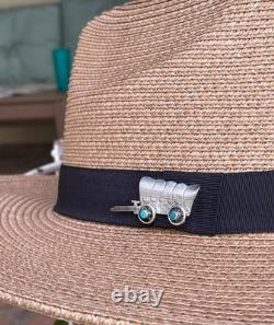 Conestoga Wagon Native American Stamped Brooch Pin Sterling Silver Turquoise