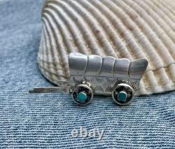 Conestoga Wagon Native American Stamped Brooch Pin Sterling Silver Turquoise