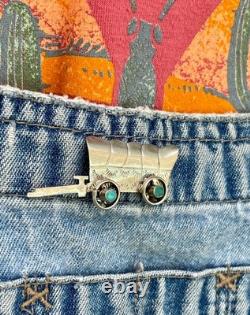 Conestoga Wagon Native American Stamped Brooch Pin Sterling Silver Turquoise