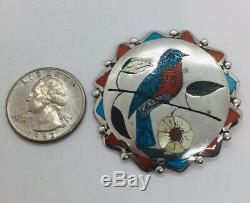 Coonsis Zuni Native American Sterling Silver Turquoise & Coral Bird Pin Pendant