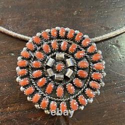 Coral and Silver Zuni Cluster Pin Pendant Necklace By Lorencita Walela