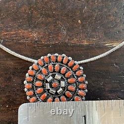 Coral and Silver Zuni Cluster Pin Pendant Necklace By Lorencita Walela