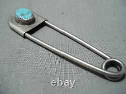 Custom Vintage Navajo Old Kingman Turquoise Sterling Silver Keychain Safety Pin