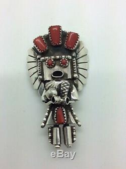 DORIS SMALLCANYON Navajo Pin/Pendant Kachina Sterling Silver Coral Signed