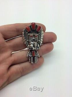 DORIS SMALLCANYON Navajo Pin/Pendant Kachina Sterling Silver Coral Signed