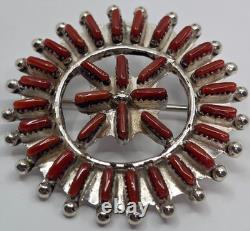 Darrell Shebola Zuni Coral Needlepint Sterling Silver Brooch Pin Or Pendant