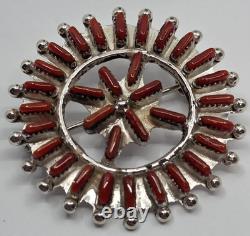 Darrell Shebola Zuni Coral Needlepint Sterling Silver Brooch Pin Or Pendant